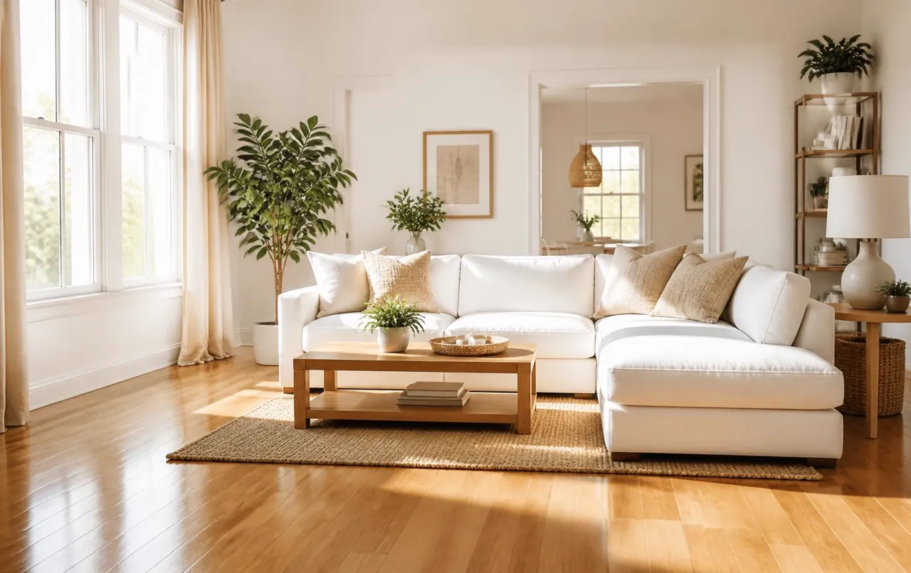 Sunlit Chantilly living room after a premium house cleaning, with polished hardwood floors and a spotless white sectional